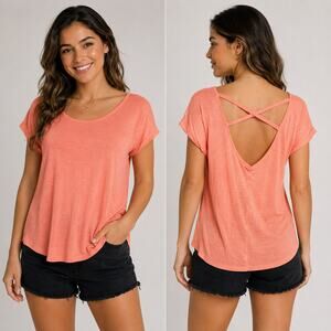 JLo Jennifer Lopez Womens Cross Back Swing T Shirt Top Gold Specked Orange Small